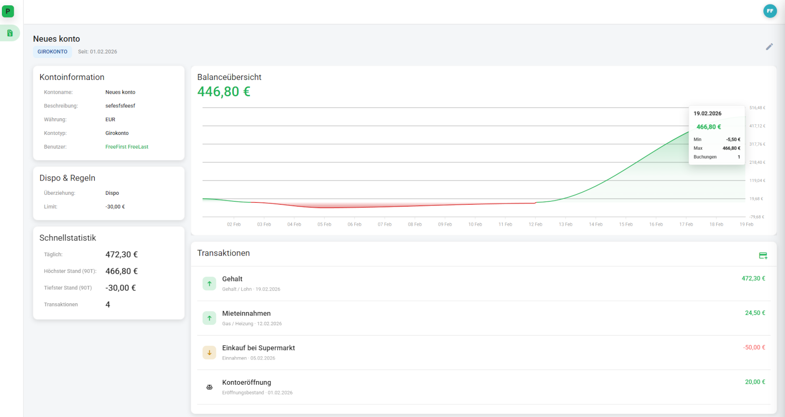 Portora Account Details – Übersicht über Konten, Einnahmen und Ausgaben