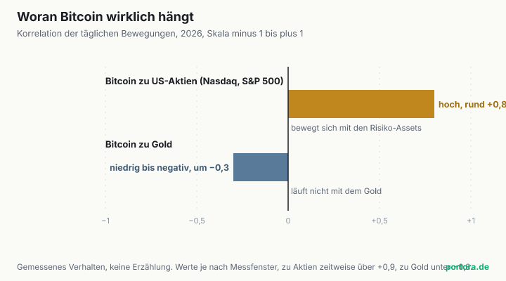 Divergierendes Balkendiagramm der Bitcoin-Korrelation 2026. Der Balken zu den US-Aktien ist stark positiv bei rund plus 0,8, der Balken zu Gold liegt auf der anderen Seite der Null bei rund minus 0,3. Bitcoin bewegt sich mit den Aktien, nicht mit dem Gold.