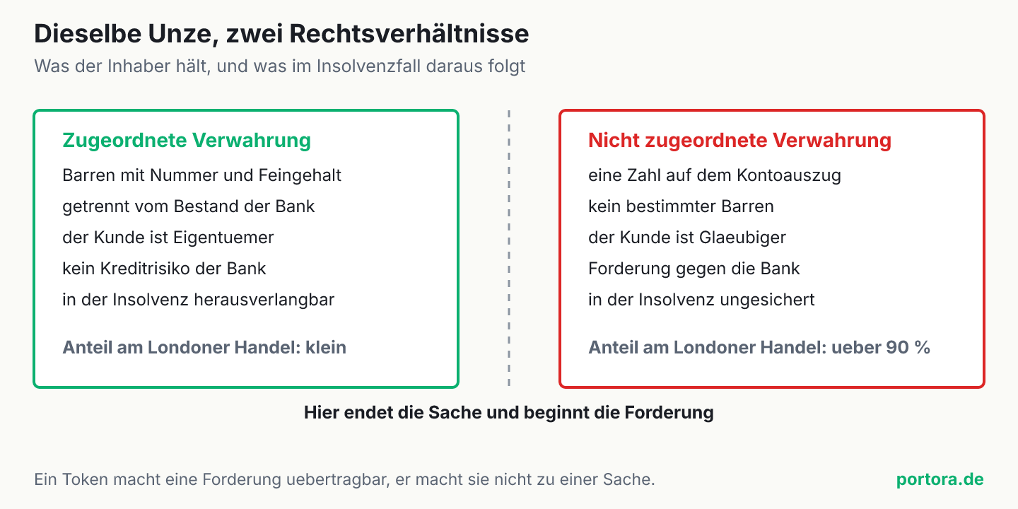 Zwei Kästen nebeneinander. Links die zugeordnete Verwahrung mit Eigentum am Barren und Herausgabeanspruch in der Insolvenz, rechts die nicht zugeordnete Verwahrung mit einer Forderung gegen die Bank und ungesichertem Rang, die über 90 Prozent des Londoner Handels ausmacht.