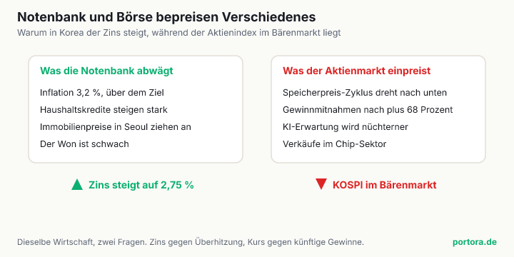 Zwei Spalten nebeneinander. Links, was die Notenbank abwägt (Inflation über dem Ziel, steigende Haushaltskredite, anziehende Immobilienpreise, schwacher Won), darunter ein grüner Aufwärtspfeil, Zins steigt auf 2,75 Prozent. Rechts, was der Aktienmarkt einpreist (drehender Speicherpreis-Zyklus, Gewinnmitnahmen, nüchternere KI-Erwartung, Verkäufe im Chip-Sektor), darunter ein roter Abwärtspfeil, KOSPI im Bärenmarkt.