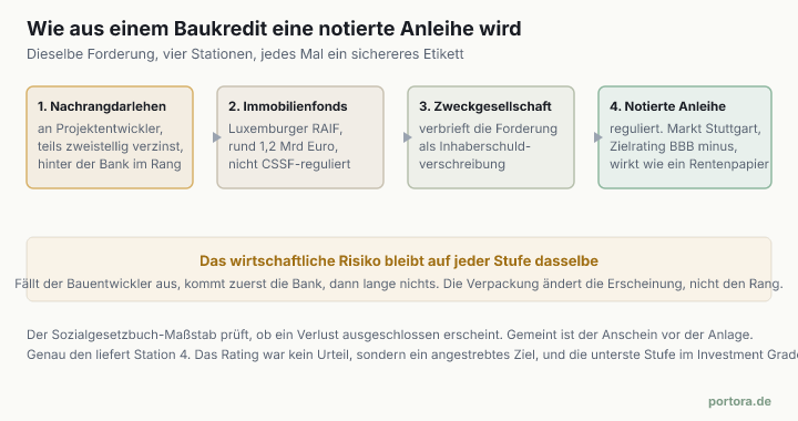 Vier Stationen von links nach rechts. Aus einem nachrangigen Darlehen an Projektentwickler wird über einen Fonds und eine Zweckgesellschaft eine börsennotierte Anleihe mit Zielrating BBB minus. Ein Balken darunter zeigt, dass das wirtschaftliche Risiko auf jeder Stufe dasselbe bleibt.