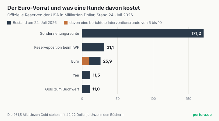 Fünf waagerechte Balken in Milliarden Dollar. Sonderziehungsrechte 171,2, Reserveposition beim Währungsfonds 31,1, Euro 25,9, Yen 11,5 und Gold zum Buchwert 11,0. Im Euro-Balken ist der vordere Teil bis 10 farblich abgesetzt und steht für eine berichtete Interventionsrunde.