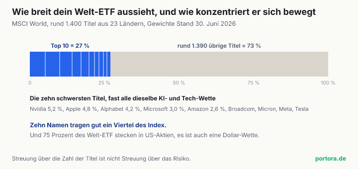 Ein waagerechter Balken über 100 Prozent des MSCI World. Die zehn größten Titel füllen die ersten rund 27 Prozent und sind durch Trennlinien als einzelne Firmen markiert, fast alle US-Technologie, die übrigen rund 1.390 Titel füllen die restlichen 73 Prozent. Darunter der Hinweis, dass zehn Namen ein Viertel des Index tragen und 75 Prozent in US-Aktien stecken.