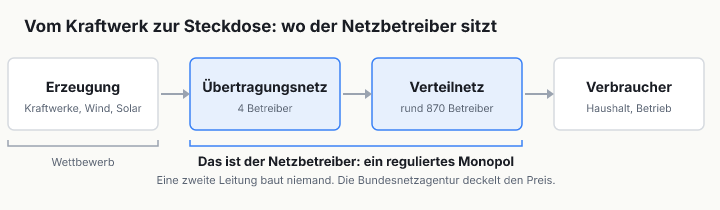 Wertschöpfungskette Strom: Erzeugung, Übertragungsnetz, Verteilnetz, Verbraucher. Die beiden Netz-Stufen in der Mitte sind das regulierte Monopol, Erzeugung ist Wettbewerb.