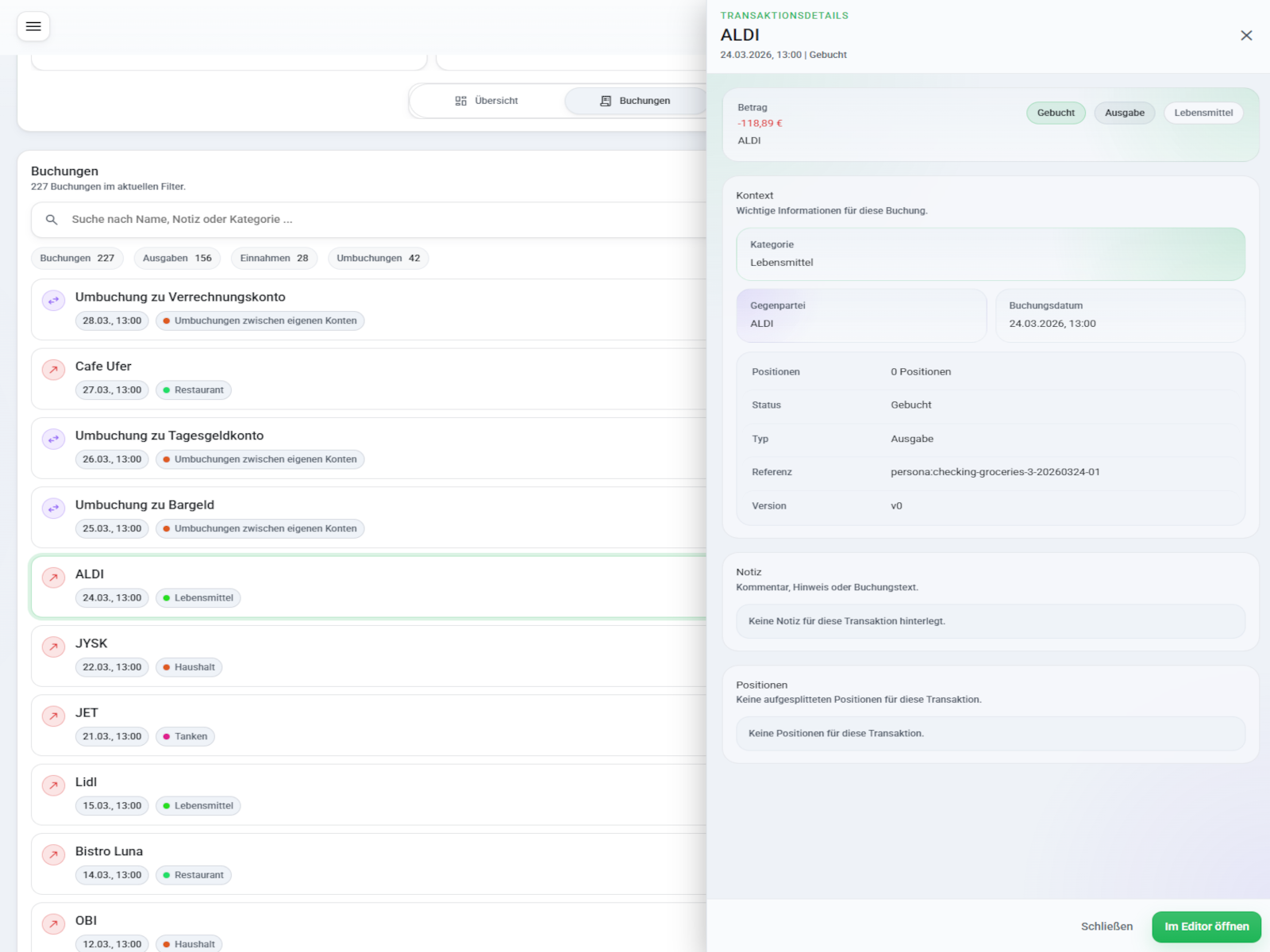 Portora Kontoansicht im Tab Buchungen mit geöffneter Detailansicht einer einzelnen Transaktion.