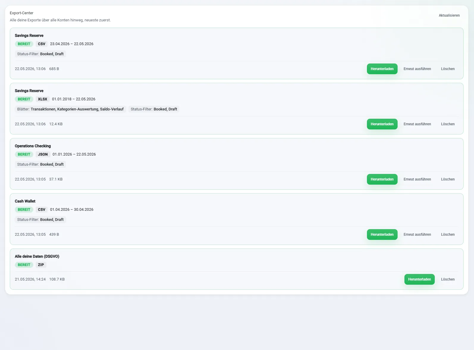 Portora Export Center mit Liste der Export-Jobs, Status- und Format-Badges sowie Download-, Rerun- und Delete-Aktionen pro Zeile.